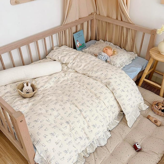 AOJIM Baby Muslin Duvet Cover with cat Patterns, 100% Cotton Toddler Comforter Cover 1 Piece 59X79 inch, Ruffled Design 2-Layer Gauze Crib Bedding Quilt Cover for Kids, No Pillowcases or Quilt