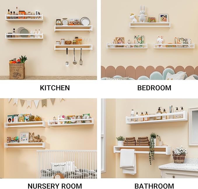 Heimlove Nursery Floating Shelves, Solid Wood Nursery Book Shelves for Wall, 32 inch Bookshelf for Kids, Wall Mounted Shelves for Books,Toys and Decor Storage, Set of 2 (White)