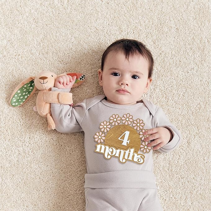 Wooden Baby Monthly Milestone Set, Floral Baby Age Tracker with Numbers and Months Weeks Signs, 3D Layered Wood Photo Prop for Newborn Monthly Pictures, Cute Floral Nursery Keepsake
