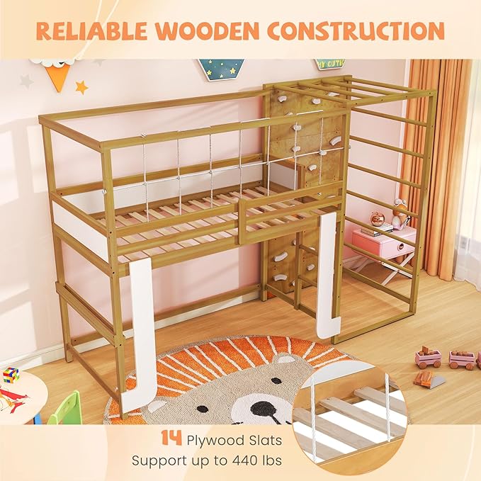 Giantex Twin Bunk Bed with Jungle Gym, 4-in-1 Wooden Loft Bed with Climbing Ladder, Rock Wall & Monkey Bar, Montessori Playhouse Bed with Full Length Guardrail & Wood Slat Support for Kids (Natural)