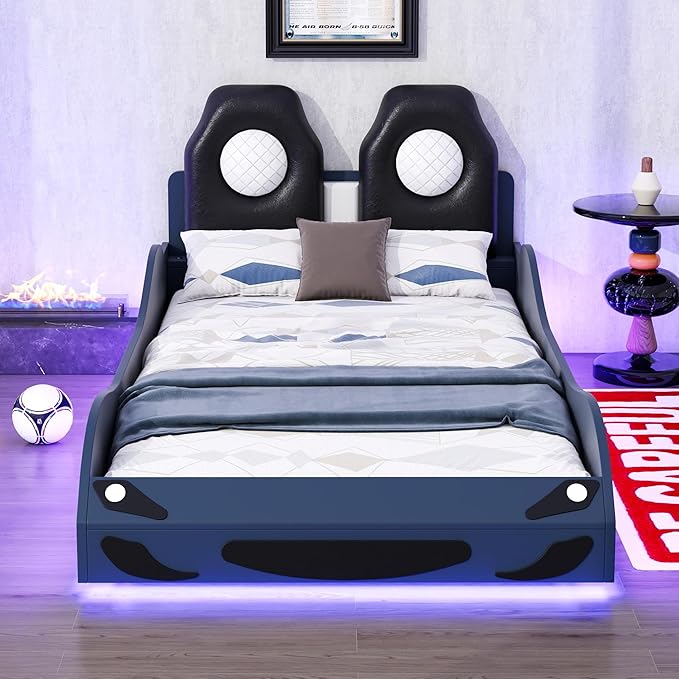 Harper & Bright Designs Wood Twin Size Race Car-Shaped Platform Bed with LED and Upholstered Backrest, Blue