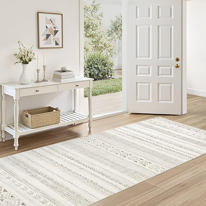 Area Rugs for Living Room Washable Living Room Rug Soft Neutral Indoor Floor Carpet Non-Slip Stain Resistant Modern Boho Rugs for Bedroom Dining Room Kids Room Nursery Office Home Brown/Cream