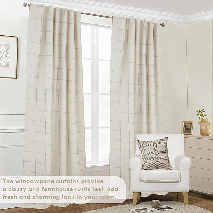 DriftAway 2 Panels 100% Blackout Windowpane Plaid Linen Curtains Double Layer Drapes for Bedroom 96 Inches Long Farmhouse Thermal Insulated 3.25 Inch Rod Pocket Back Tab for Living Room Taupe