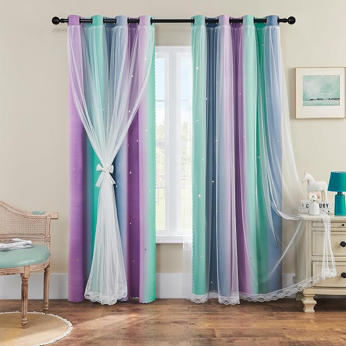XiDi Purple Grey Green Curtains for Girls Bedroom 96 Inches Long 2 Panels Set, Rainbow Blackout Curtains for Kids Nursery Room Decor, Unicorn Wall Decals Grommet Drapes for Living Room 34 Inches Wide