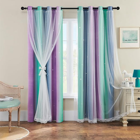 XiDi Purple Grey Green Curtains for Girls Bedroom 2 Panels Set, Rainbow Blackout Curtains for Kids Room Decor, Unicorn Wall Decals Grommet Drapes for Nursery Room 63 Inches Long 34 Inches Wide