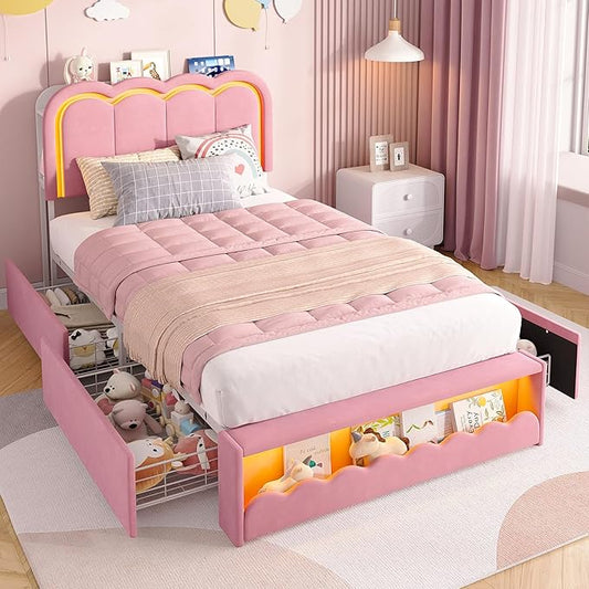 Maupvit Twin LED Bed Frame with Storage Headboard and 4 Drawers, Upholstered Platform Bed Frame with Bookcase, Velvet Princess Bed for Kids Girls, Charging Station, No Box Spring Needed, Pink