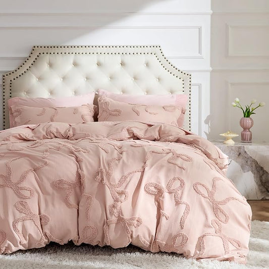 Bedsure Boho Duvet Cover Queen Size - Rose Pink Tufted Boho Bedding, Farmhouse Shabby Chic Embroidery Bedding for All Seasons, 3 Pieces, 1 Soft Jacquard Queen Comforter Cover and 2 Pillow Shams