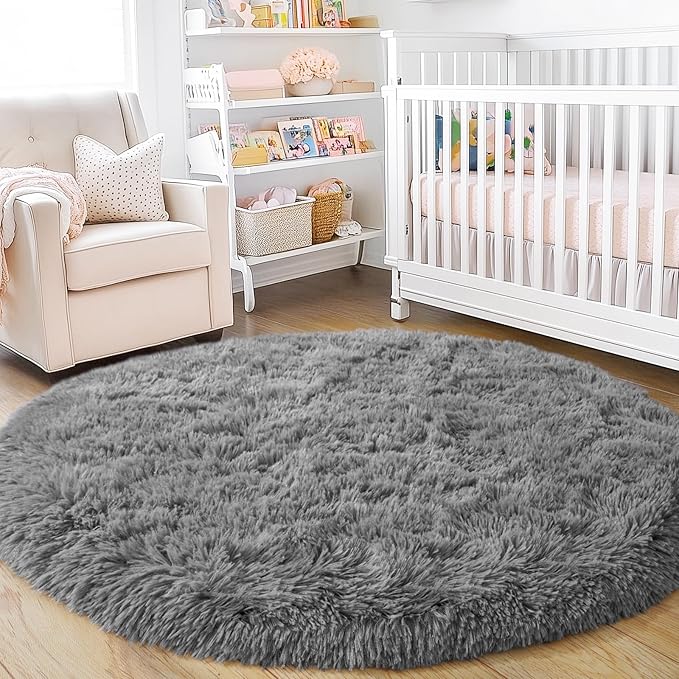 5'x5' Grey Round Rug for Bedroom, Ultra Soft Fluffy Circle Rug for Kids Girls Boys Room, Cute Shag Rugs for Living Room Playroom Teen Room Home Decor Rug