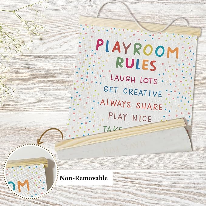 Nopoben Playroom Rules Poster Hanger Frame, Playroom Wall Art With Wooden Poster Hanger, Play Room Wall Decor, Classroom Kids Room Nursery Bedroom Decor(12x16 Inches)-22