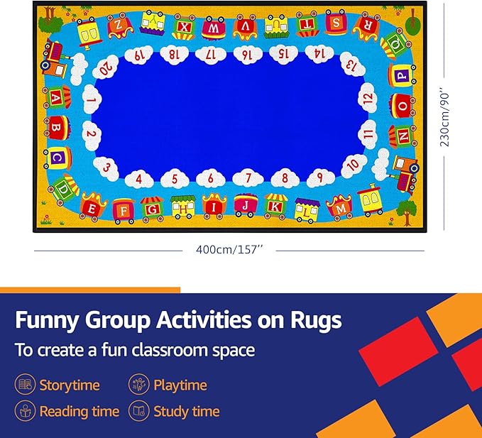 Classroom Rug Kids Carpet Blue Library Carpet ABC Educational Elementary School Daycare Nursery Rug ABC Numbers Reading Alphabet Classroom Area Rug, 7.5 x 13 ft