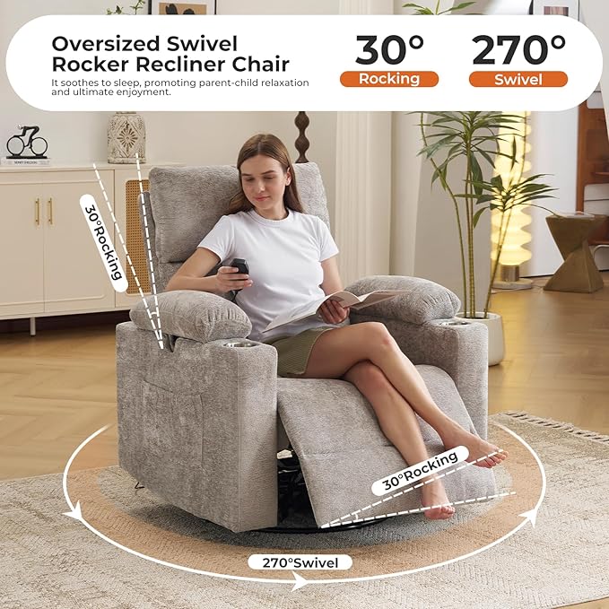 Oversized Power Recliner Chair Swivel Glider with Massage and Heat, Swivel Rocker Recliner with Adjustable Armrests, 26" Wide Nursery Chair with Storage Ottoman, Rocker Nursery Recliner, Light Grey