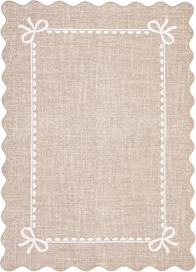 GarveeHome Scalloped Bow Rug for Living Room, Solid Camel Rug for Dorm, Washable Rugs 8x10 Soft Low Pile Non Slip Scalloped Rugs for Nursery College Bedroom Decor Kids Room Playroom