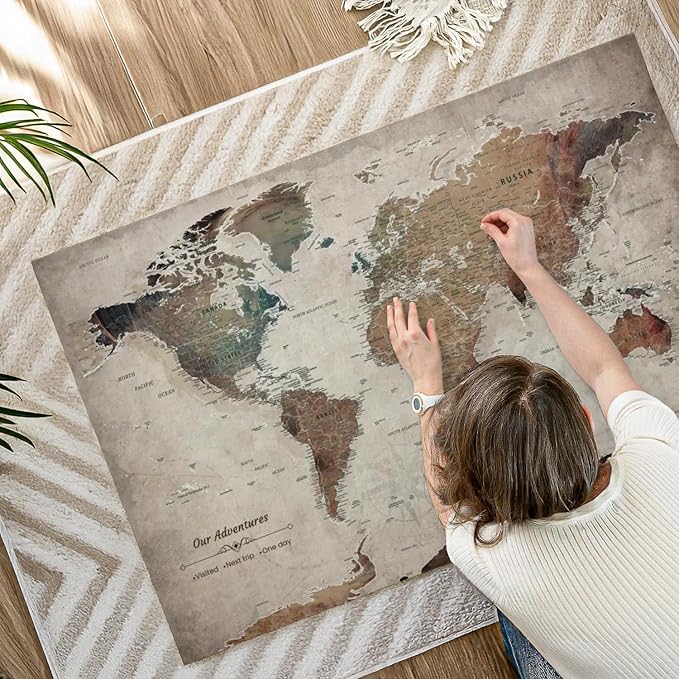 ElephantStock - Our Adventures World Map With Push Pin Iii Wall Art - Horizontal Canvas Wall Art - Living Room Wall Decor - Printmaking Map Canvas Art - Beige And Brown Decor - 48" x 32"
