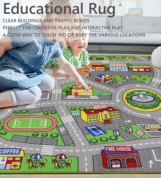 Kids Rug 6'6" x 5'0" City Life Playmat Area Rug Car City Map Washable Traffic Road Educational Learning Nursery Rug Carpet for Children Playroom Living Room Bedroom Classroom Decor Green