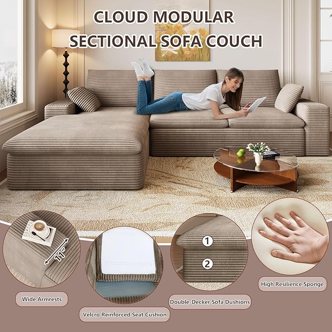 107 Inch Cloud Sectional Couch, Modern Modular Sectional Sofa with Deep Seat, Corduroy Boneless Couches with L-Shape Chaise for Living Room Bedroom, No Assembly Required (Camel, Left Facing Chaise)