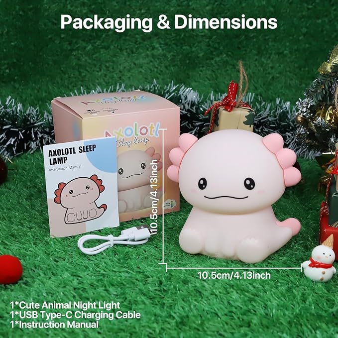 Cute Axolotl Night Light for Kids Rechargeable, Battery Operated Nightlight 3 Level Dimmable with RGB&Timer, Silicone Touch Nursery Lamp for Baby Girls Boys Bedroom Gifts