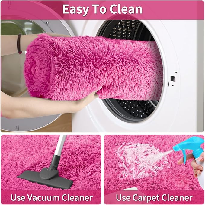 Merelax Soft Modern Indoor Large Shaggy Rug for Livingroom Bedroom Dorm Kids Room Home Decorative, Non-Slip Plush Fluffy Furry Fur Area Rugs Comfy Nursery Accent Floor Carpet 6 X 9 Feet, Hot Pink