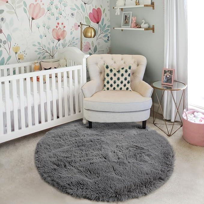 Amdrebio Grey Round Rugs 6Ft for Bedroom Living Room Decor, Fluffy Shaggy Circle Area Rug for Kids Room Classroom Playroom, Large Furry Floor Circular Gray Carpet for Teen Girls Boys Nursery Dorm
