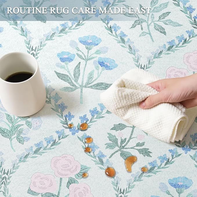 3x5 Baby Nursery Rug, Boho Blue Floral Area Rugs Machine Washable, Soft Ultra-Thin Botanical Carpet Non Slip for Girls Room Bedroom Entryway Playroom Living Room,Blue Multi
