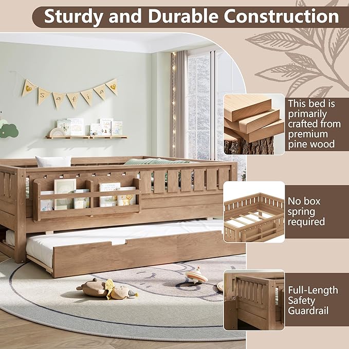 Bellemave Full Bed with Trundle and Stairs, Full Size Platform Bed Frame with Fence and Bookshelf, Easy Assemble Beds for Kids, Girls, Boys, Natural