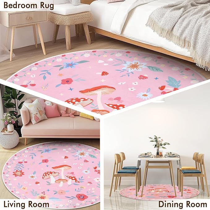 6' Machine Washable Round Area Rug, Non-Slip Vintage Floral Circle Floor Rugs for Kids, Low Pile Room Carpet for Living Room, Bedroom, Dining Room & Nursery(6' Pink Mushroom)