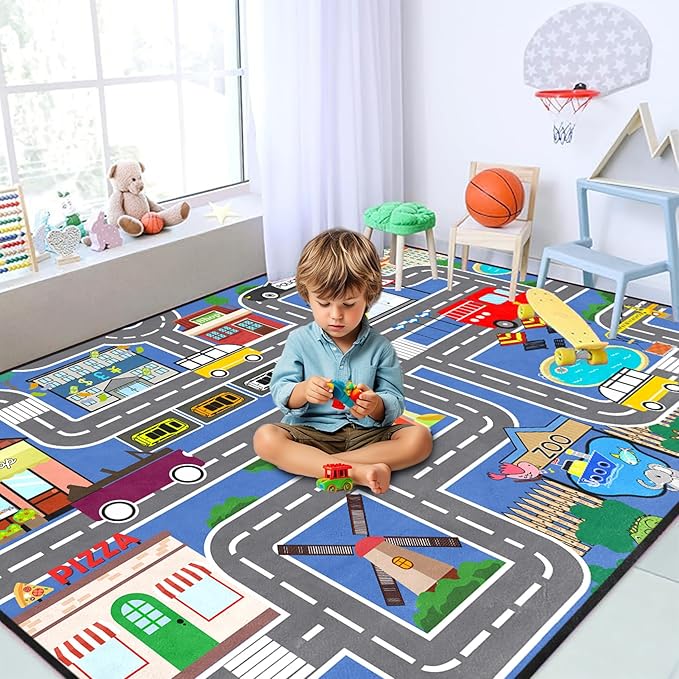 Car Rugs for Kids - Car Track Carpet for Boys Road Rug for Bedroom Road Map Carpet for Kids Toy Play Mat Farm, 3x5 Feet
