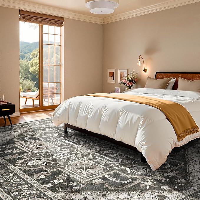 WITSHOCK Black 10x14 Large Living Room Rugs: Washable Modern Vintage Boho Soft Low Pile Stain Resistant Foldable Carpet for Bedroom Playroom Dining Room Office, Distressed Farmhouse Floral Home Decor