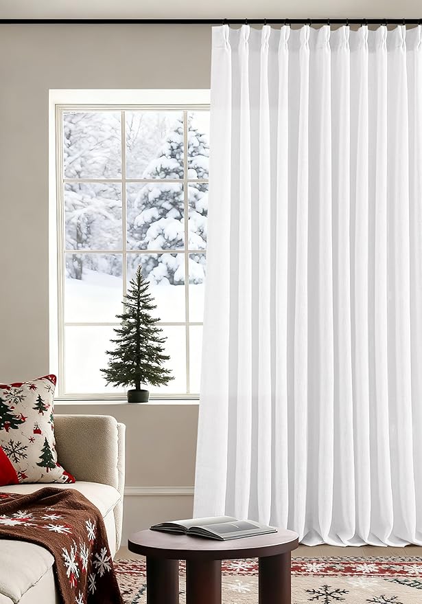 Pinch Pleated Extra Wide Linen Curtains 120 Inches Long for Patio Sliding Glass Door White 70 Inch Wide Pleated Drapes with Hooks Rings Neutral Natural Semi Sheer 70x120 Curtain for Living Room