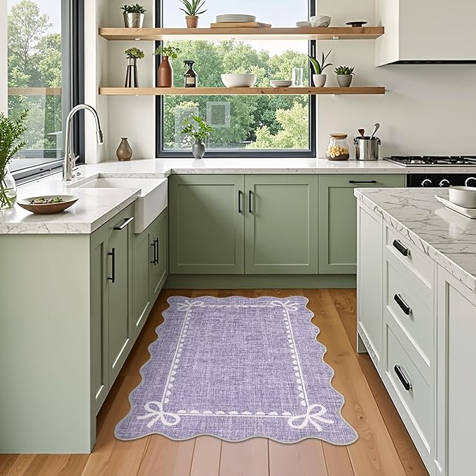 GarveeHome Scalloped Bow Rug for Kitchen Floor, Solid Purple Rug for Dorm, Washable Entryway Rugs 2x3 Soft Low Pile Non Slip Scalloped Rugs for Nursery Bedroom Decor Hallway