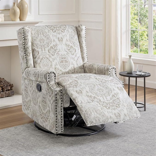 UIXE Swivel Glider Recliner Chair for Adults, High Back Nursery Rocker Living Room Upholstered Armchair in Fabric, Floral Manual Reclining Rivet Trim Single Sofa Reading Seat - Beige