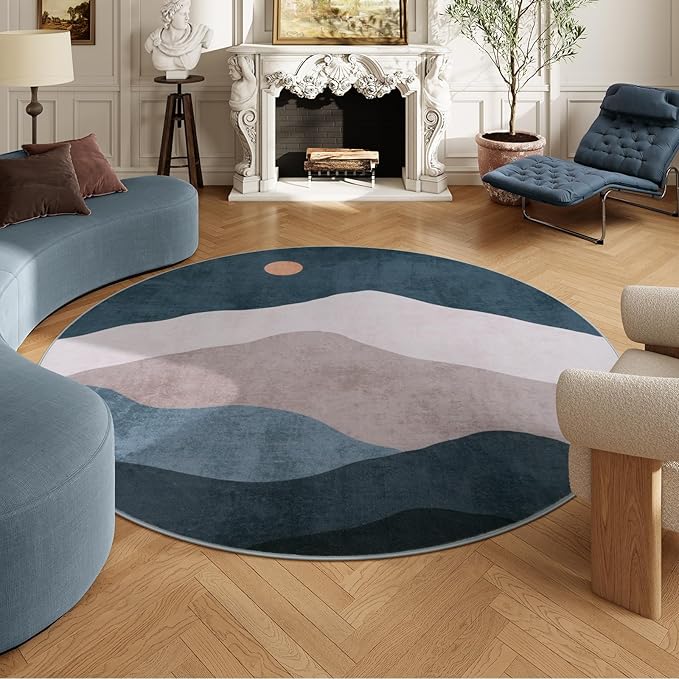 Abstract Round Rugs for Living Room, Circlr Area Rug for Bedroom 8ft Non Slip Washable Dining Room Rug, Mountain Soft Circular Carpet for Nursery Classroom Playroom(Blue)