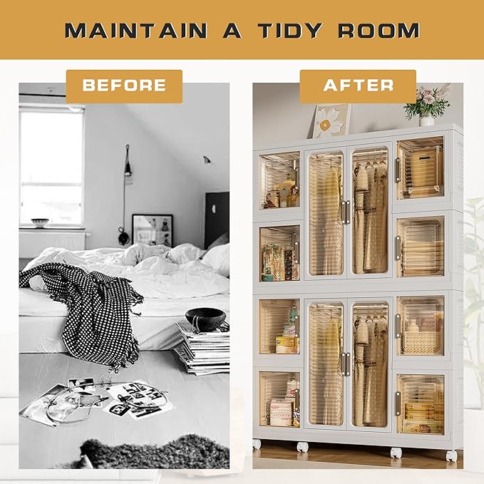 Large Portable Kids Wardrobe Closet Organizer with Magnetic Doors, Foldable Closet Organizers and Storage for Living Room, Bedroom, Dorm, Easy Assembly (8 Cubes & 2 Hanging Rods & 16 PCS Hangers)