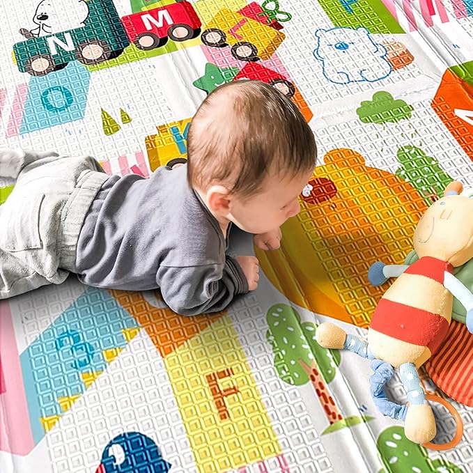 Mergren Extra Large Portable Baby Play Mat (79"×71" x0.6" Thickened Version), Foam Foldable Floor Crawling Mat with Reversible Double-Sided Patterns, Waterproof Anti-Slip, Indoor, Outdoor