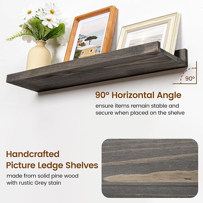Picture Ledge Wall Shelves 48 Inches Width Set of 3, Solid Pine Wood Rustic Floating Ledge for Kids' Room Bedroom Kitchen Bathroom, Long Floating Shelves for Wall Decor, Grey