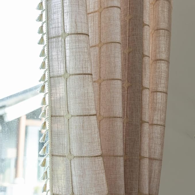 Deeprove Boho Curtains 84 Inches Long for Bedroom, Cotton Linen Light Brown Plaids Embroidery Semi Blackout Bohemian Aesthetic Window Treatment Grids Drape Tassels, 1 Panel W52 x L84 Tan