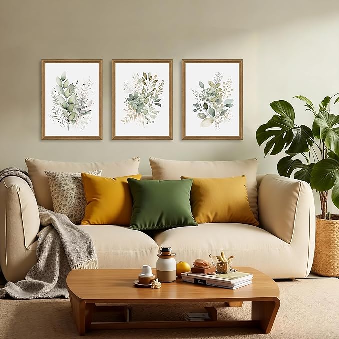 WRFON Watercolor Botanical Wall Art Set of 3 Boho Sage Green Wildflower Canvas Wall Art Prints Modern Floral Wall Decor for Bedroom Living Room Bathroom Decorations Wood Framed 12x16 Inches