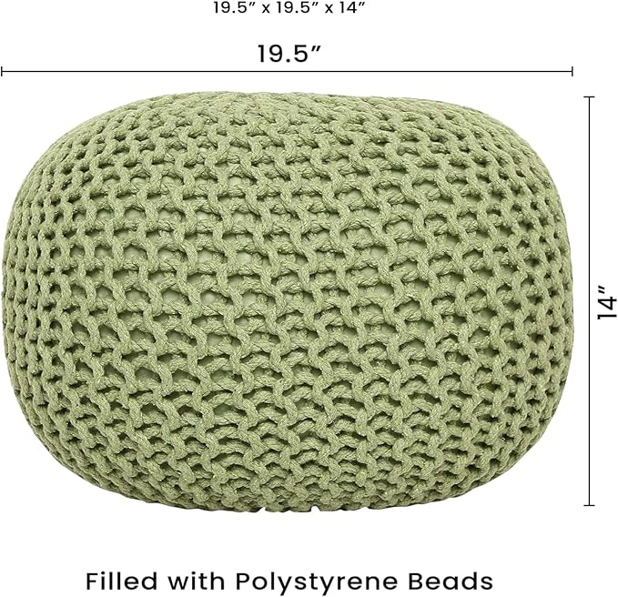 REDEARTH · Round Pouf Foot Stool Ottoman - Cotton Knitted Cord Boho Pouffe - Cable Poof Filled Footrest Stuffed for Living Room - Nursery - Bedroom - Patio - Lounge (19.5"x19.5"x14") - Kiwi