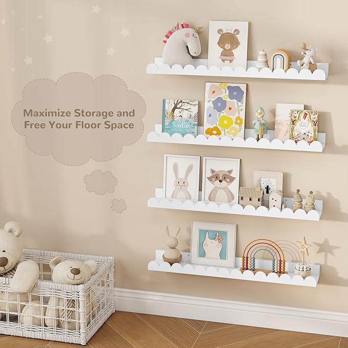 Fun Memories 28 Inch Scalloped Floating Shelf, White Picture Ledge for Wall, Set of 4, Nursery Book Shelves for Baby Room, Kids Rooms, Bedroom