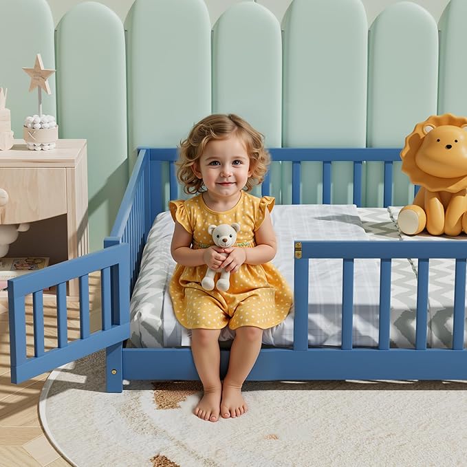 i-POOK Queen Floor Bed Frame with Wood Slats, High Fence & Small Door, Pinewood Montessori Floor Bed for Girls and Boys, Mist Blue
