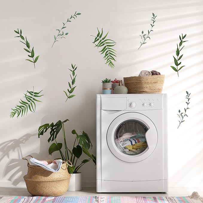 Decalcomania Greenery Leaves Wall Decals - Set of 12 Large Green Leaf Wall Stickers for Kitchen Bedroom Living Room Laundry Bathroom Decor Removable Peel and Stick Indoor Wall Decor