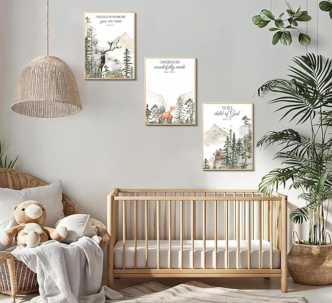 3pcs Forest Animals Bible Verse Wall Art Misty Forest Deer Bear Fox Paintings Canvas Prints Poster Inspirational Quotes Pictures Wall Decor for Home Bedroom Nursery Baby Room Playroom Decor Unframed