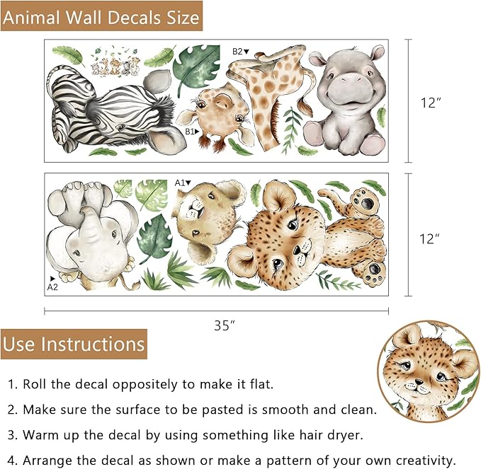Yovkky Watercolor Baby Safari Animals Wall Decals Stickers, African Jungle Elephant Zebra Giraffe Hippo Lion Leopard Cheetah Kids Room Nursery Decor, Neutral Palm Leaf Crib Decorations Bedroom Art