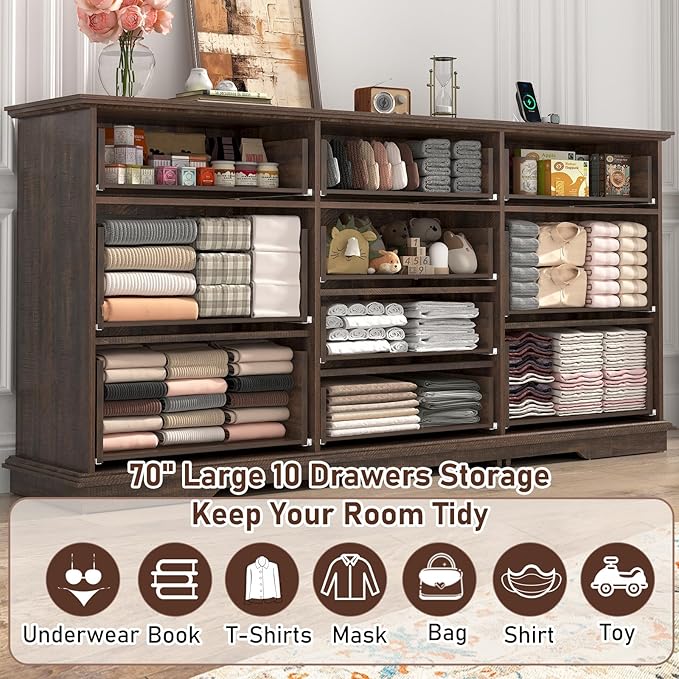 70inch Large Long Dresser w/Charging Station,10 Drawer Dresser w/Deep Big Drawers,Wooden Chest of Drawers w/Power Outlet,Brown Dressers for Bedroom,Living Room,Entryway