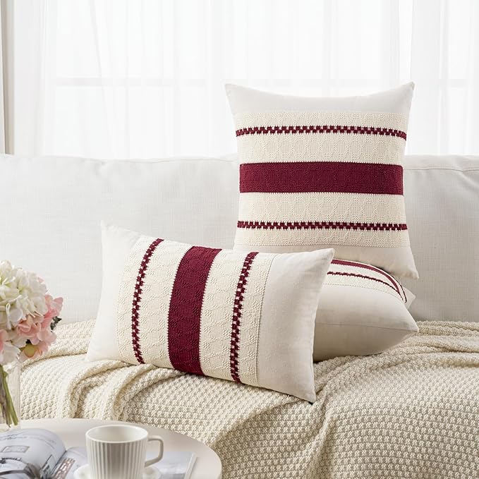 Fancy Homi Set of 2 Burgundy Boho Decorative Throw Pillow Covers 16x16 Inch for Couch Bed Sofa, Aesthetic Modern Farmhouse Christmas Room Decor, Soft Cotton Cute Textured Wind Red Cushion Case