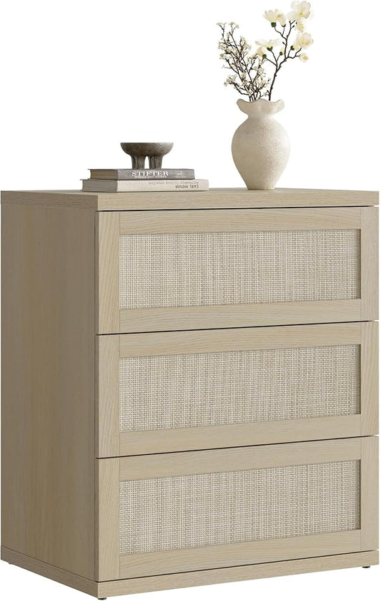 SICOTAS Dresser for Bedroom - Rattan Dresser with 3 Drawers Nursery Dressers & Chests of Drawers Boho Dressers for Bedroom Living Room Small Deep Clothes Closet Storage for Closet Hallway Entryway