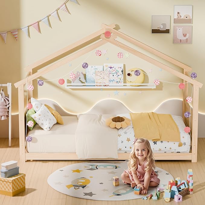 Twin House Bed, Montessori Floor Bed with Headboard & Footboard, Solid Wood Bed Frame for Toddlers Teens Bedroom, No Box Spring Needed, Natural