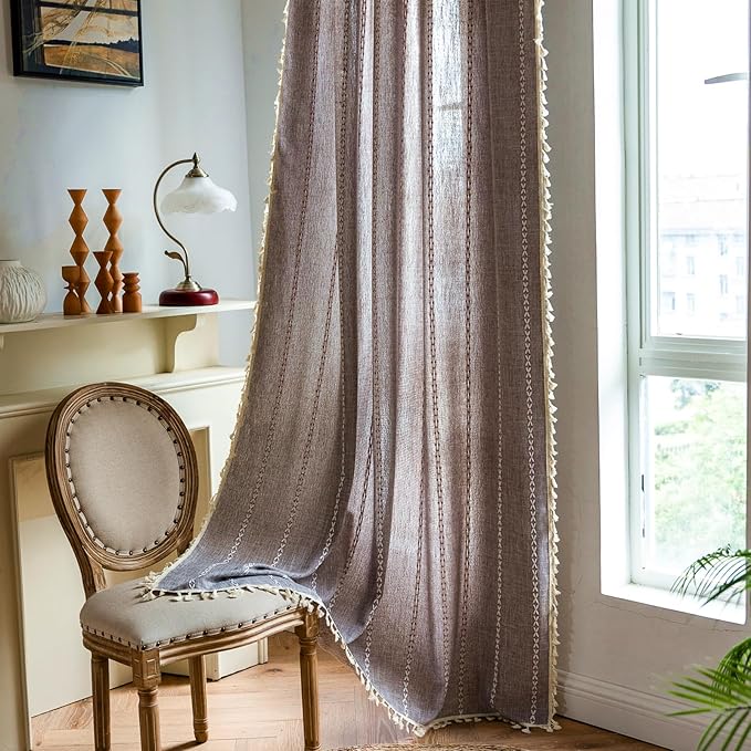 Deeprove Brown Boho Curtains 84 inches Long for Bedroom Living Room, Dark Coffee Bohemian 84 inches Length Embroidery Cottage Farmhouse Privacy Style Tassel Window Treatments, 1 Panel W52 x L84