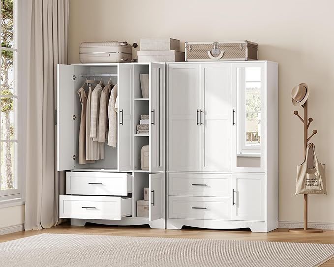 HOOBRO Armoire Wardrobe Closet with Mirror, Wooden Wardrobe Closet with 4 Doors and 2 Drawers, 70.9" Bedroom Armoire with Hanging Rod for Bedroom, Clothing Storage Closets, Adjustable Shelves, White