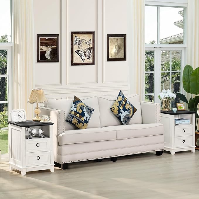 18" Farmhouse Night Stand with Charging Station, 2 Drawers End Table Dresser for Bedroom, White Wooden Nightstand, Bed Side Table with Open Shelf, Bedside Cabinet for Living Room, Closet