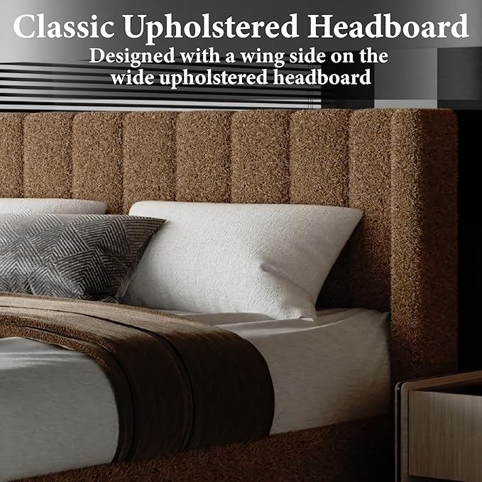 Full Bed Frame with Headboard Upholstered Platform Bed Frame with Teddy Velvet Headboard, Wooden Slats Support/Wing Edge Design/No Box Spring Needed/Easy Assembly, Camle